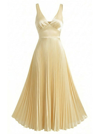 Champagne 1950s Satin Backless Pleated Dress - vintage dress, retro fashion, rockabilly