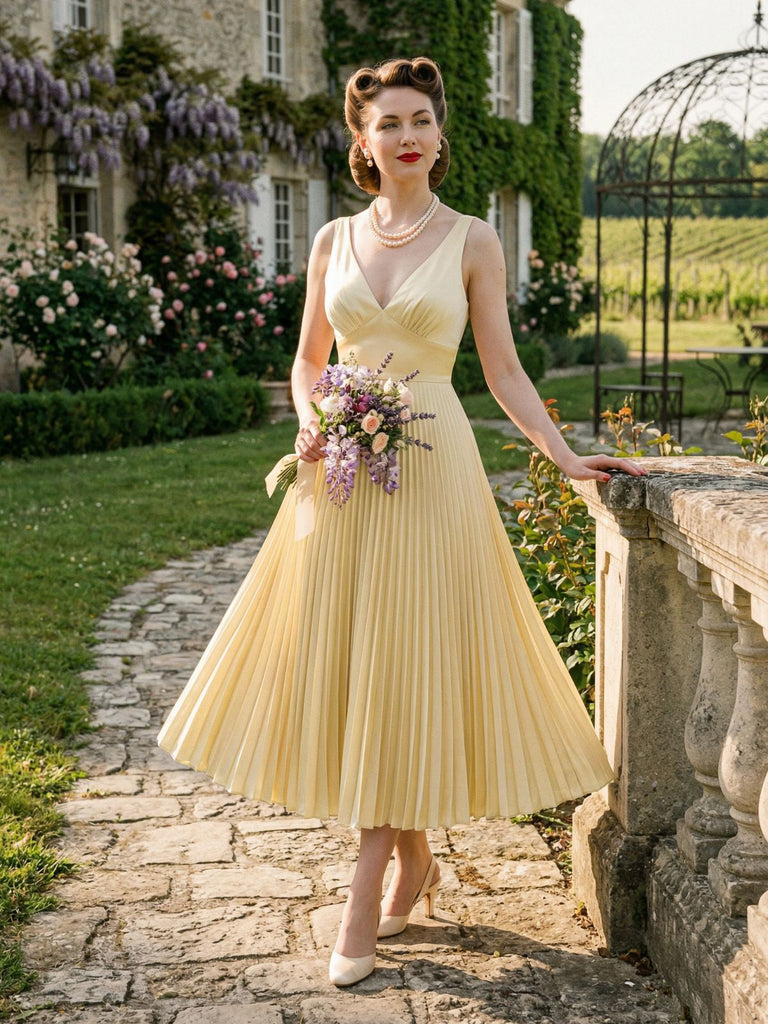 Champagne 1950s Satin Backless Pleated Dress - vintage dress, retro fashion, rockabilly