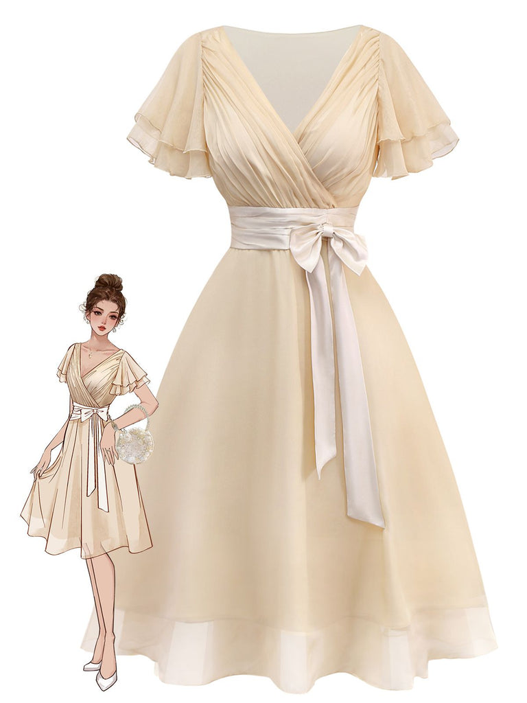 Champagne 1950s Satin Belt Tulle Cocktail Dress - vintage dress, retro fashion, rockabilly
