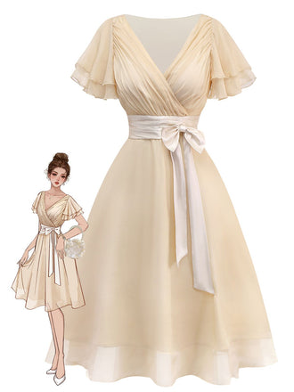Champagne 1950s Satin Belt Tulle Cocktail Dress - vintage dress, retro fashion, rockabilly