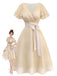 Champagne 1950s Satin Belt Tulle Cocktail Dress - vintage dress, retro fashion, rockabilly