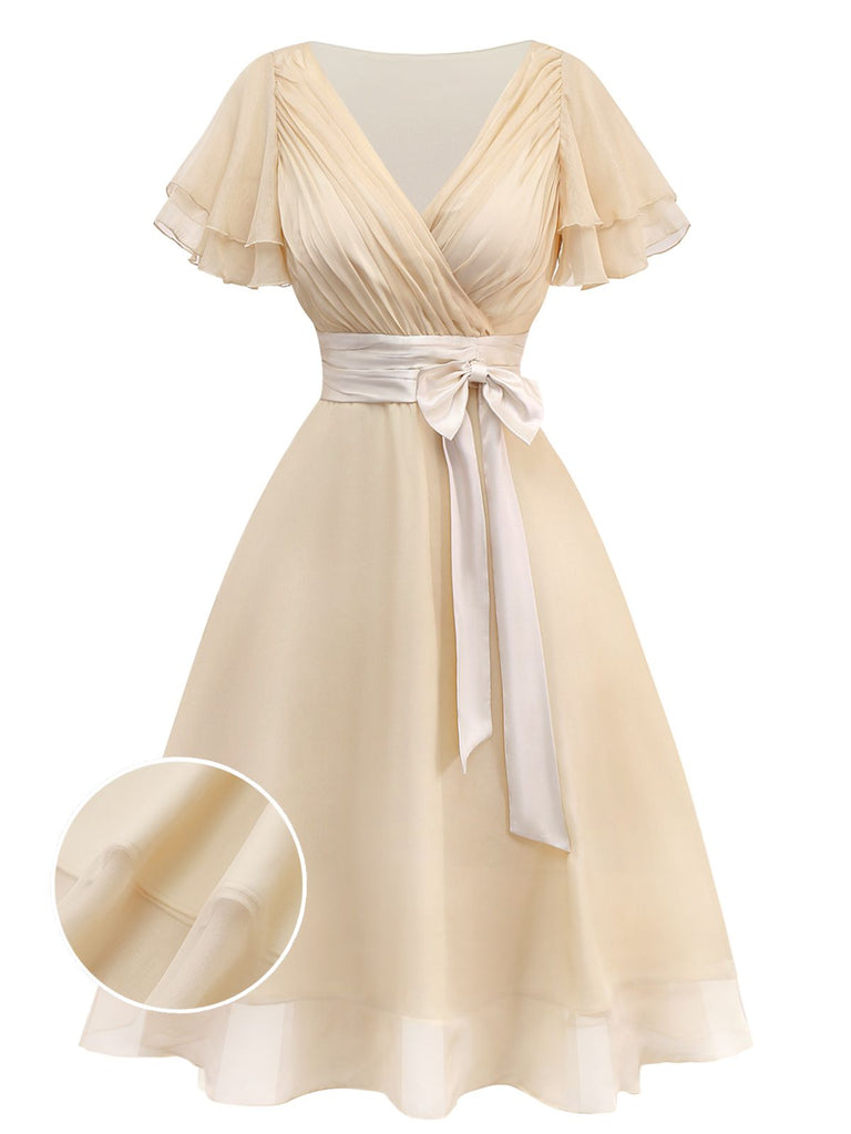 Champagne 1950s Satin Belt Tulle Cocktail Dress - vintage dress, retro fashion, rockabilly