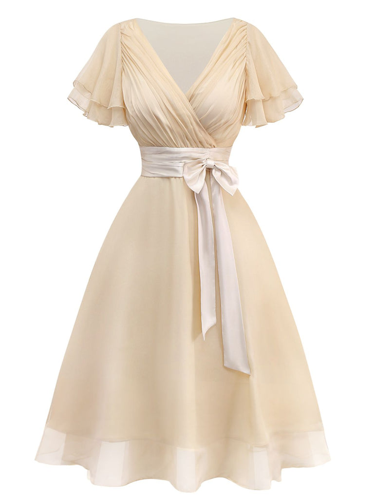 Champagne 1950s Satin Belt Tulle Cocktail Dress - vintage dress, retro fashion, rockabilly
