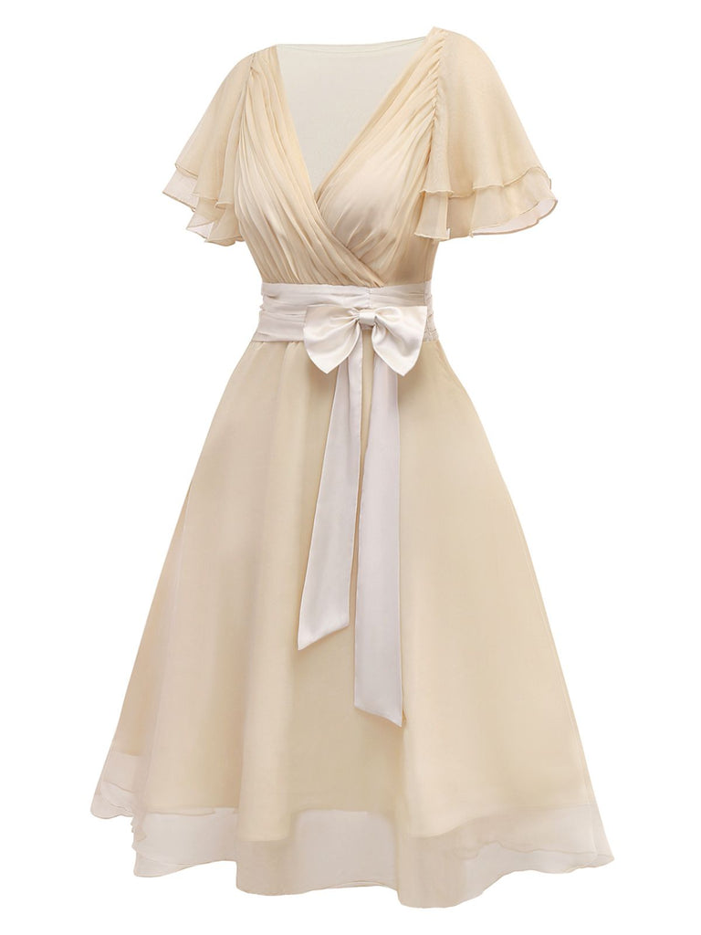 Champagne 1950s Satin Belt Tulle Cocktail Dress - vintage dress, retro fashion, rockabilly