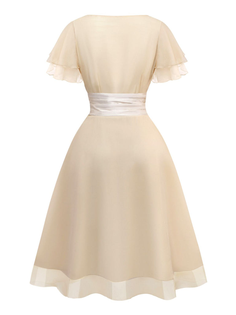 Champagne 1950s Satin Belt Tulle Cocktail Dress - vintage dress, retro fashion, rockabilly