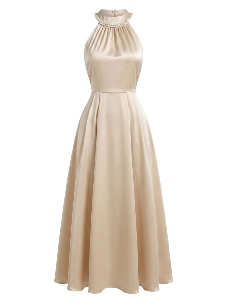 Champagne 1950s Satin Halter Sleeveless Dress 3