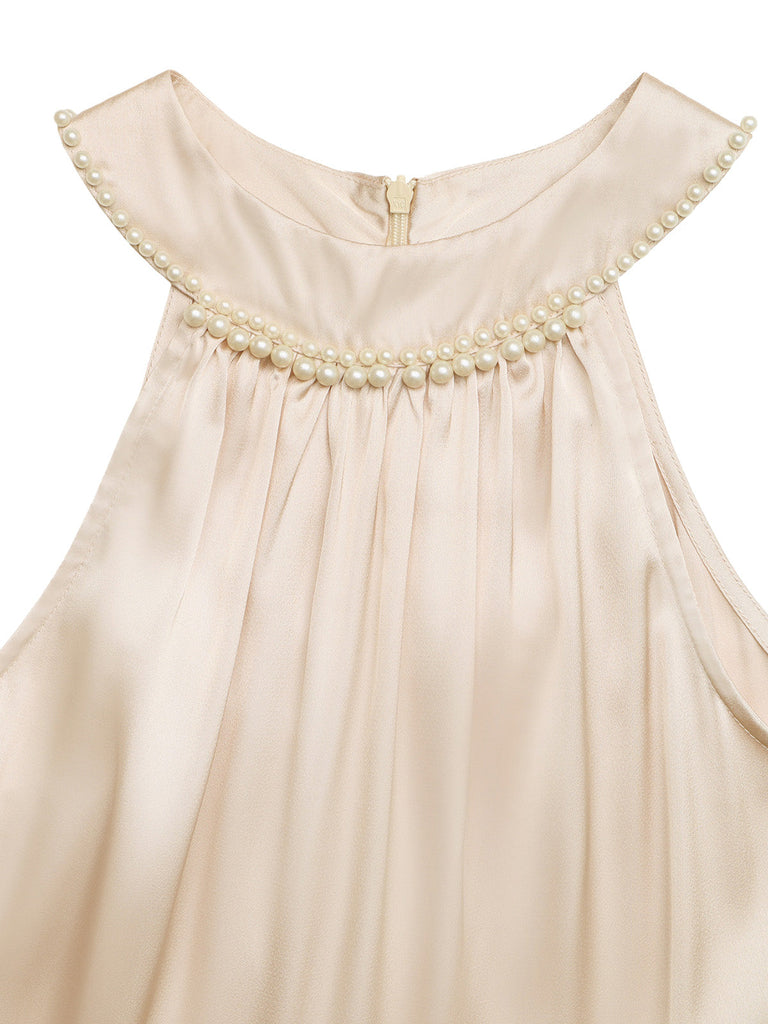 Champagne 1950s Satin Halter Sleeveless Dress 7