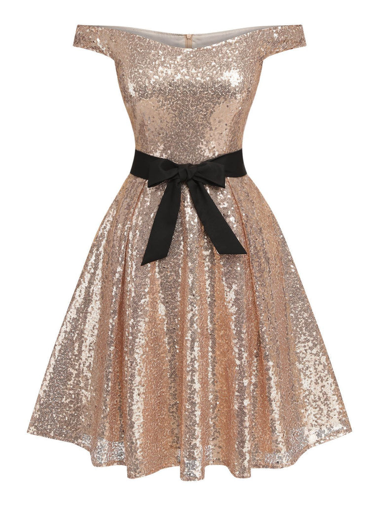 Champagne 1950s Sequined Off-shoulder Dress, vintage dress, retro fashion, rockabilly, pin-up fashion - perfect for women who love vintage and retro fashion