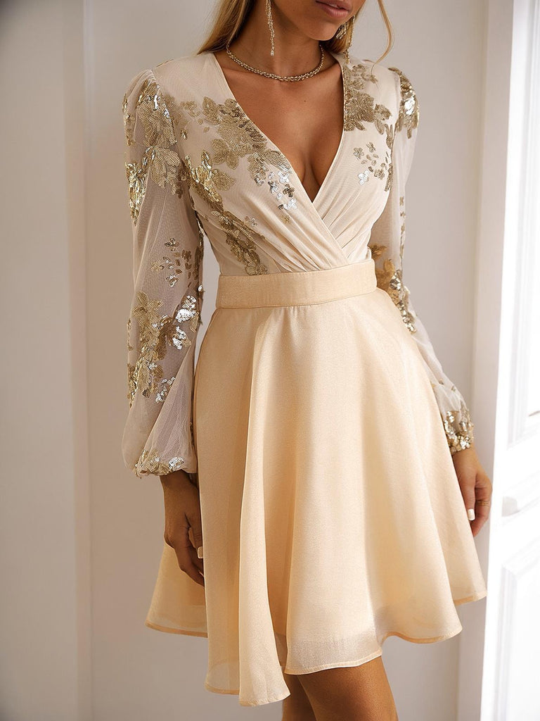 Champagne 1980s Gilded Long Sleeves Patchwork Dress, vintage dress, retro fashion - perfect for women who love vintage and retro fashion