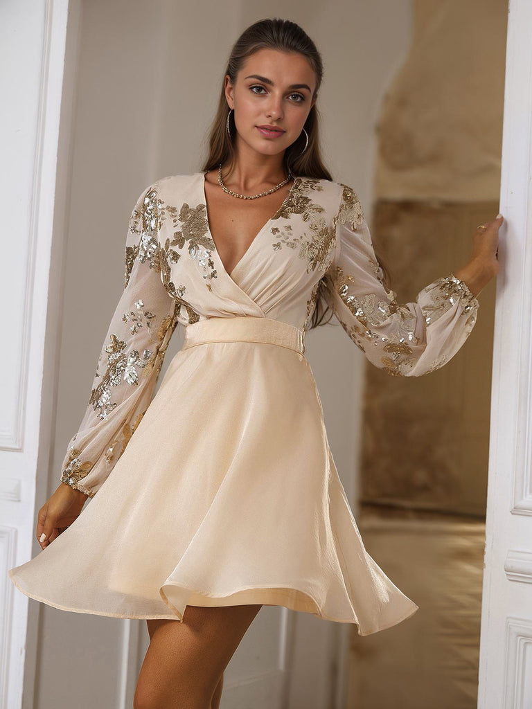 Champagne 1980s Gilded Long Sleeves Patchwork Dress, vintage dress, retro fashion - perfect for women who love vintage and retro fashion