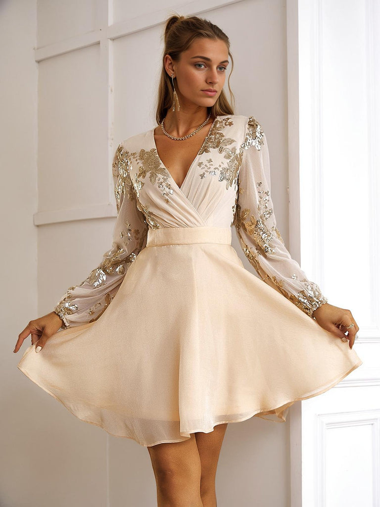 Champagne 1980s Gilded Long Sleeves Patchwork Dress, vintage dress, retro fashion - perfect for women who love vintage and retro fashion