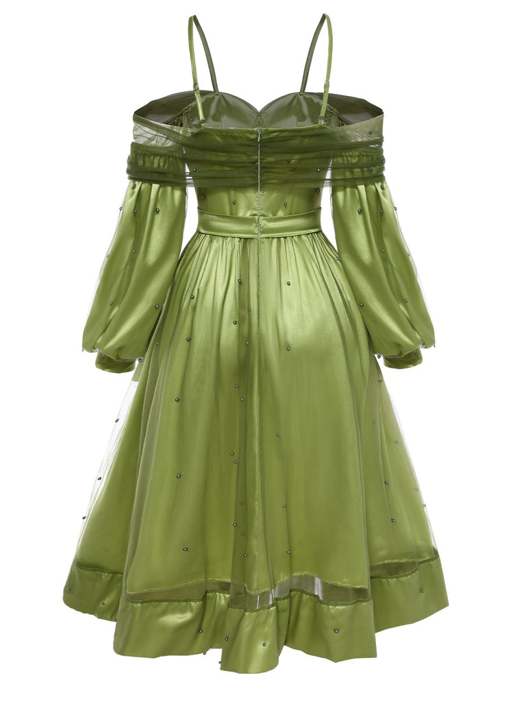 Chartreuse 1950s Pearl Mesh Patchwork Satin Dress - vintage dress, retro fashion, rockabilly