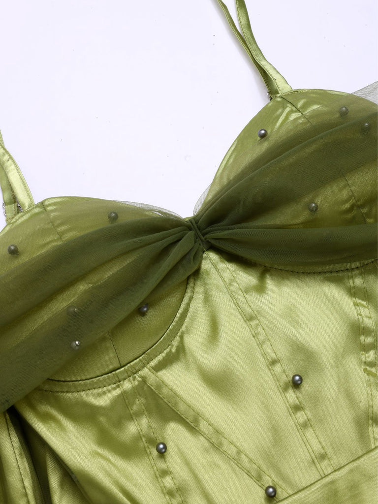 Chartreuse 1950s Pearl Mesh Patchwork Satin Dress - vintage dress, retro fashion, rockabilly