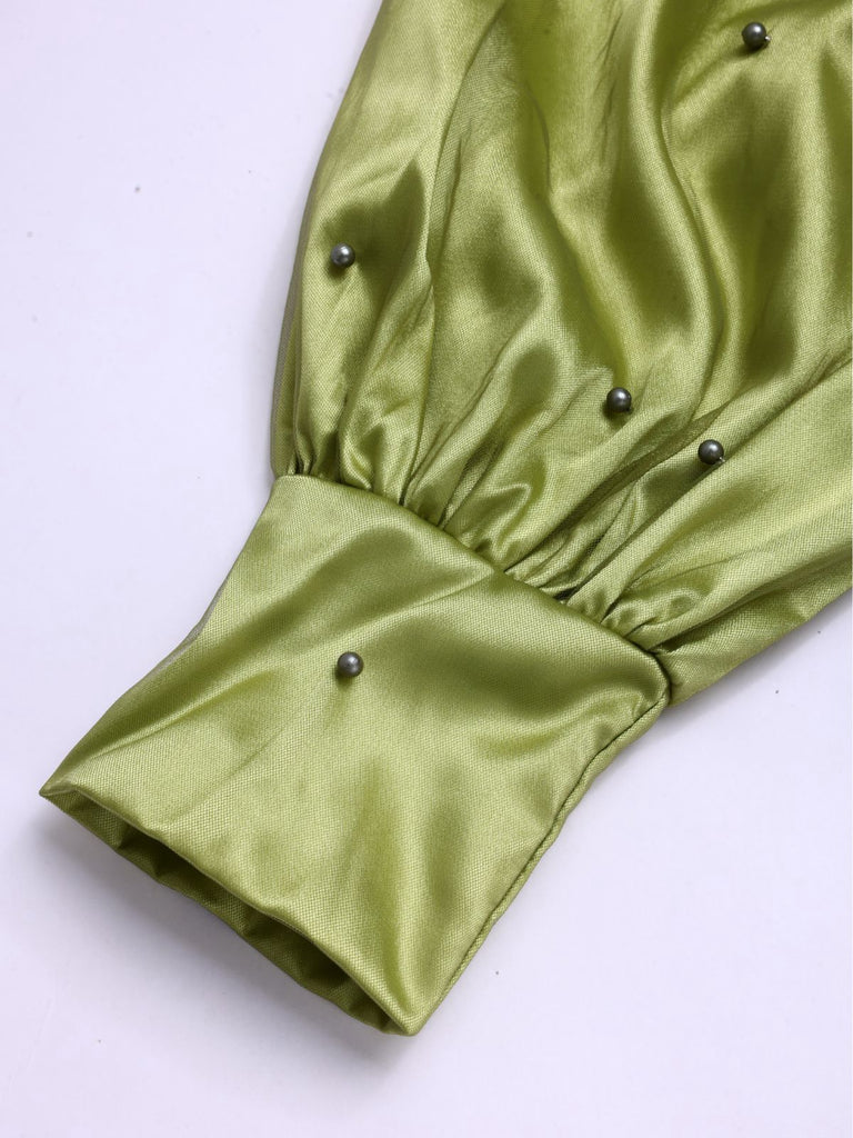 Chartreuse 1950s Pearl Mesh Patchwork Satin Dress - vintage dress, retro fashion, rockabilly