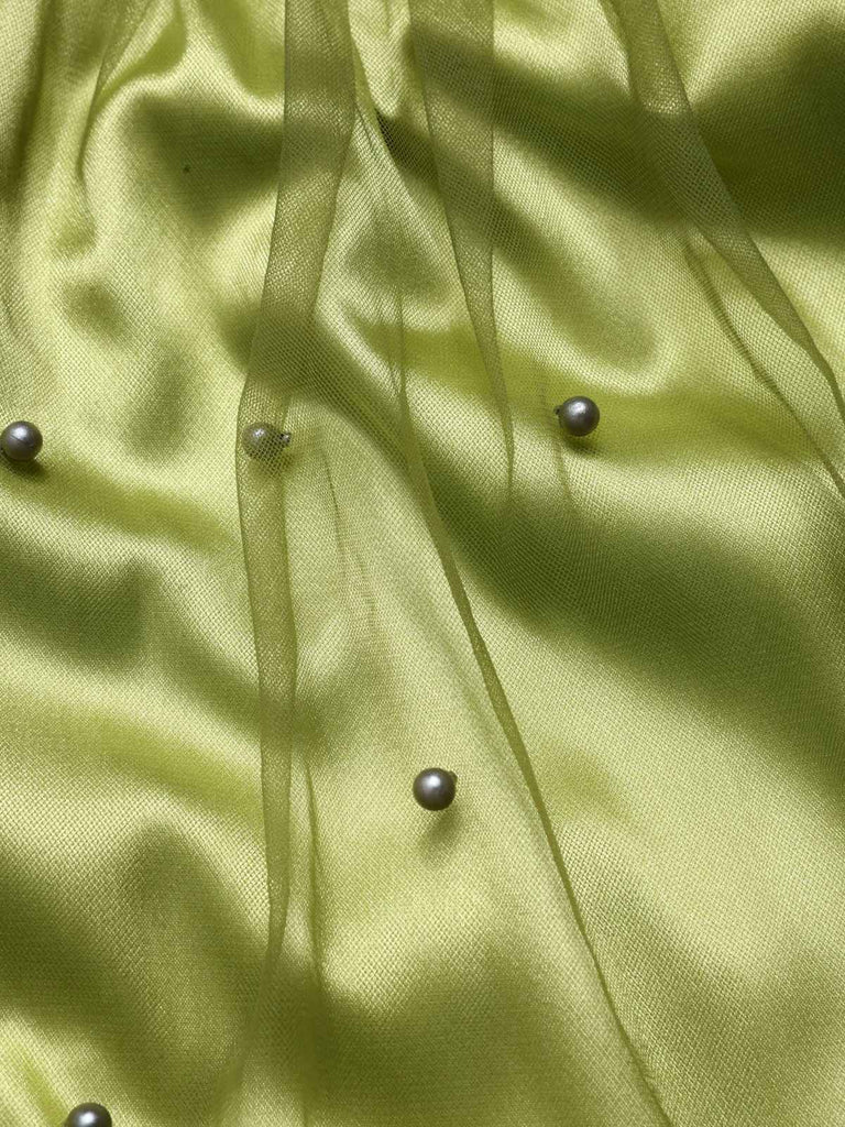 Chartreuse 1950s Pearl Mesh Patchwork Satin Dress - vintage dress, retro fashion, rockabilly