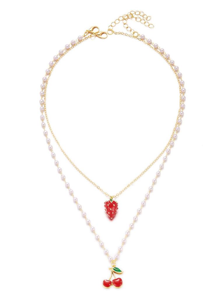 Cherry Strawberry Pearl Pendant Layered Necklace - vintage fashion, retro style, elegant red