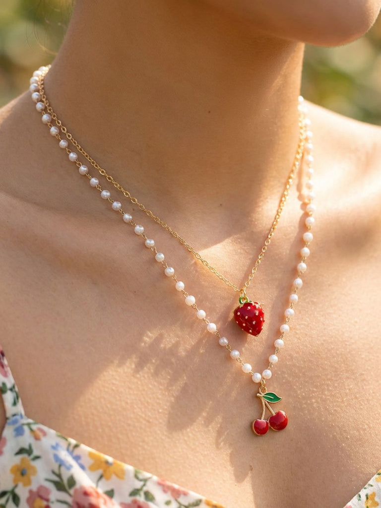 Cherry Strawberry Pearl Pendant Layered Necklace - vintage fashion, retro style, elegant red