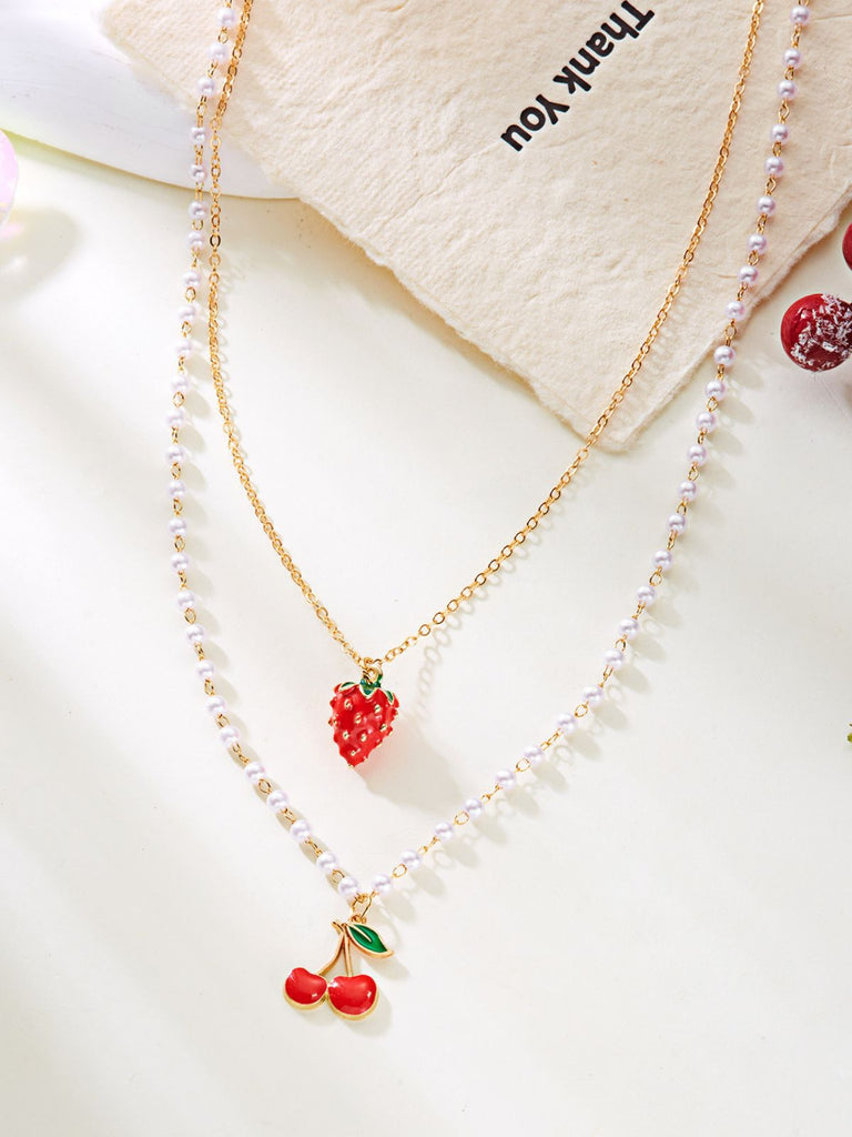 Cherry Strawberry Pearl Pendant Layered Necklace - vintage fashion, retro style, elegant red