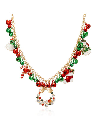 Christmas Bells Candy Cane Wreath Pendants Necklace - vintage fashion, retro style