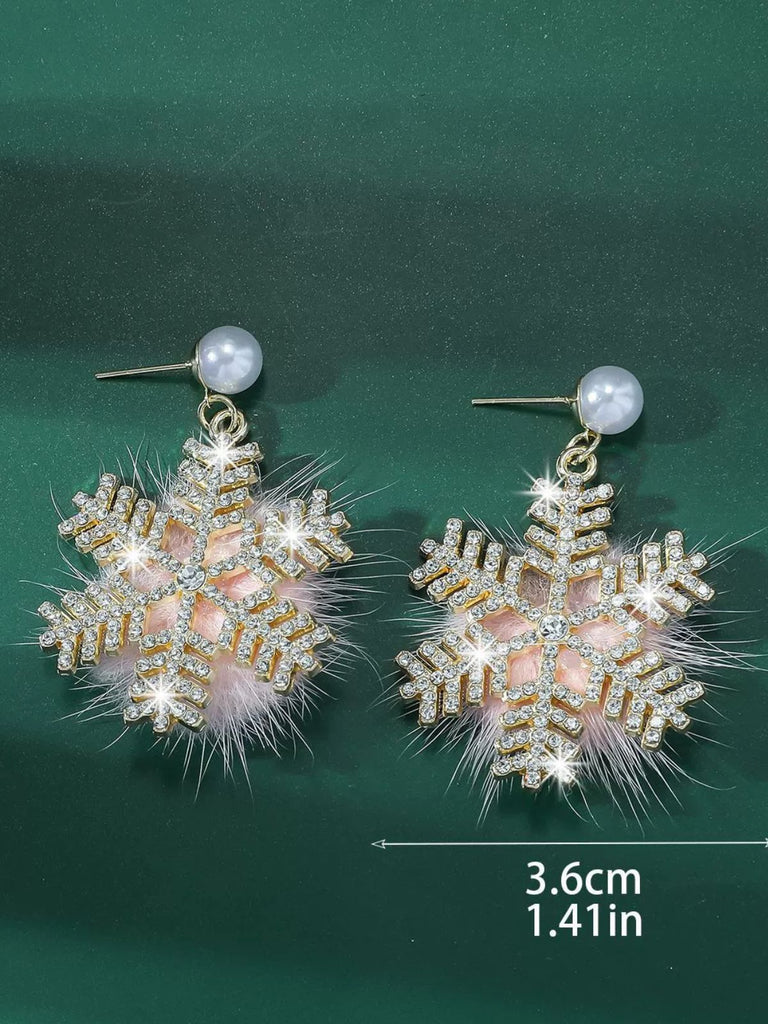 Christmas Fluffy Snowflake Diamond Pearl Earrings - vintage fashion, retro style
