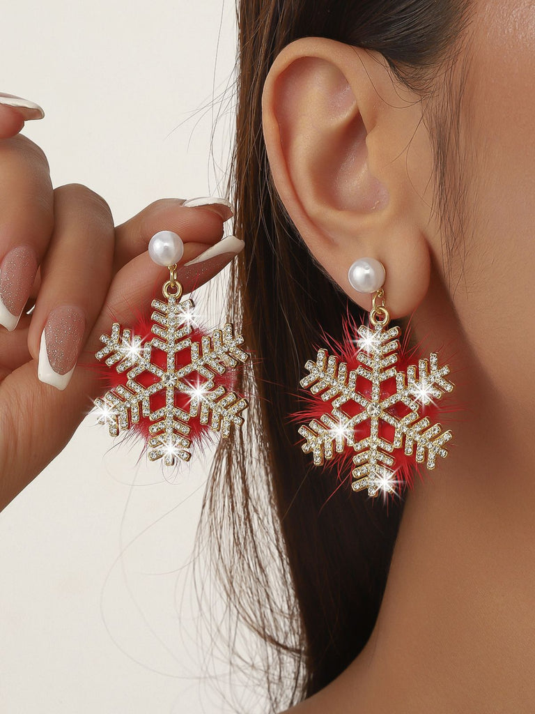 Christmas Fluffy Snowflake Diamond Pearl Earrings - vintage fashion, retro style
