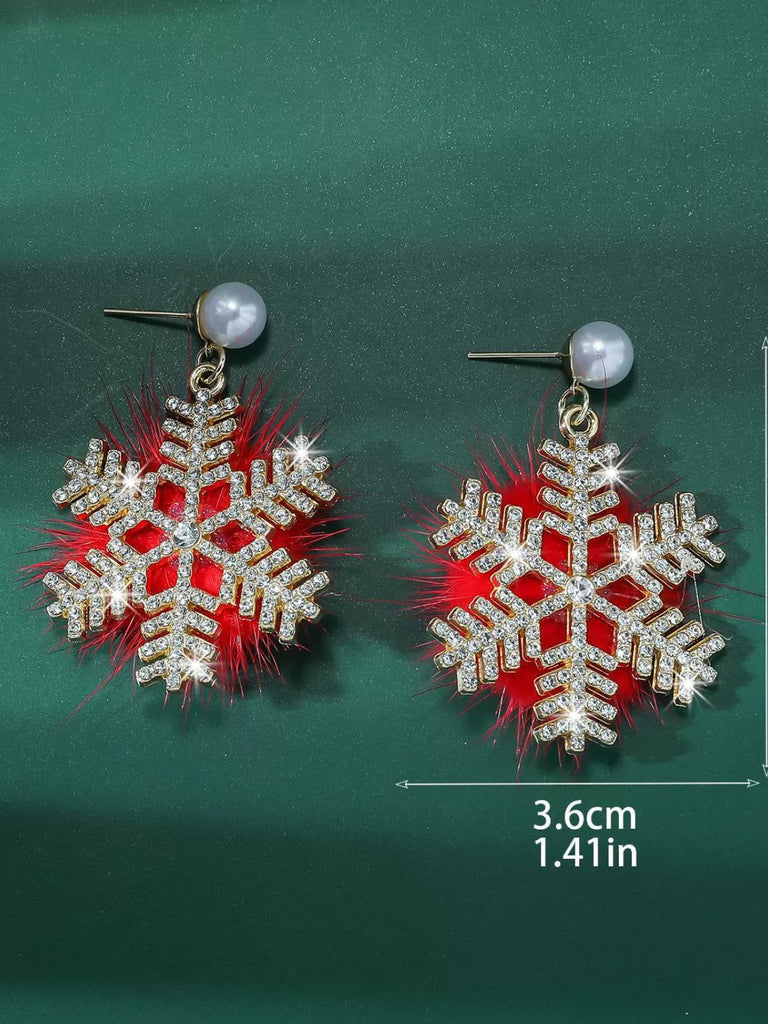 Christmas Fluffy Snowflake Diamond Pearl Earrings - vintage fashion, retro style