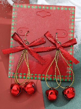 Christmas Glittery Bow Jingle Bell Earrings - vintage fashion, retro style