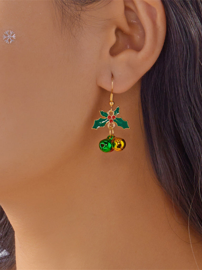 Christmas Holly Leaf Jingle Bell Drop Earrings - vintage fashion, retro style