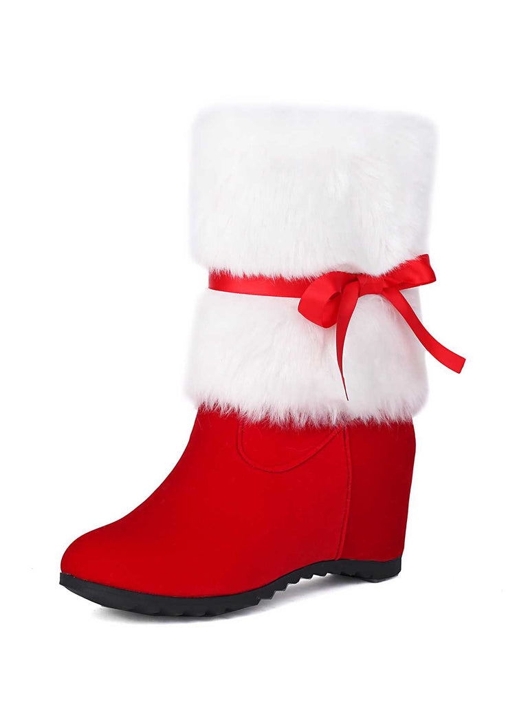 This Christmas Patchwork Fur Bow Boots whispers vintage secrets to those who notice