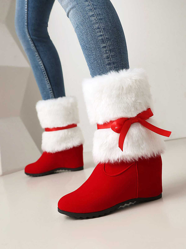 Christmas Patchwork Fur Bow Boots — vintage vintage charm for her modern wardrobe