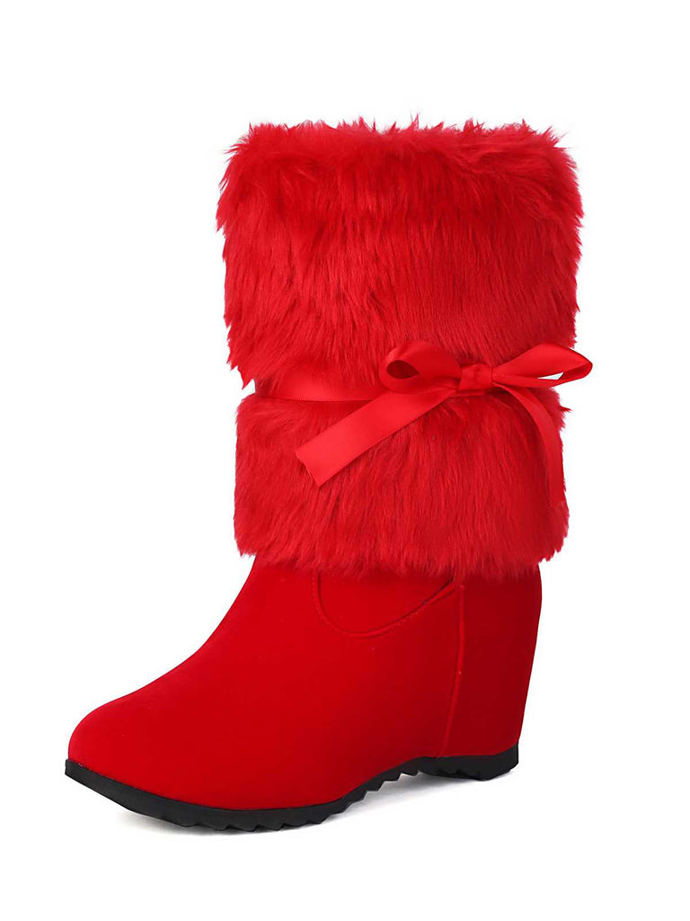 Christmas Patchwork Fur Bow Boots — vintage style that transcends decades