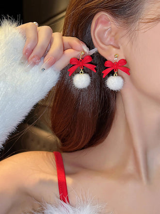 Christmas Red Bow White Plush Ball Earrings, vintage fashion, retro style - perfect for women who love vintage and retro fashion