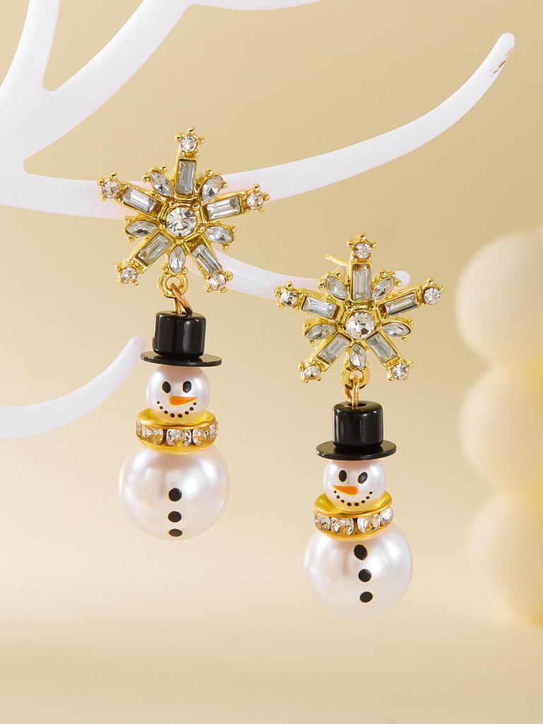 Christmas Rhinestone Snowflake Pearl Hat Snowman Stud Earrings - vintage fashion, retro style