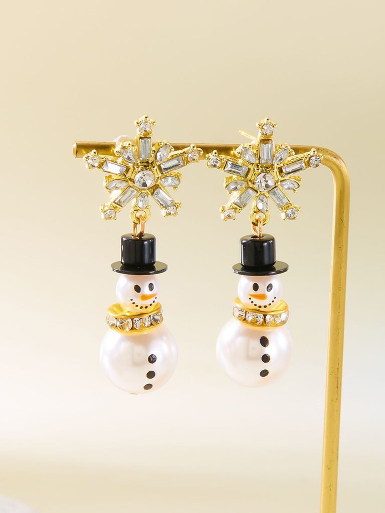 Christmas Rhinestone Snowflake Pearl Hat Snowman Stud Earrings - vintage fashion, retro style