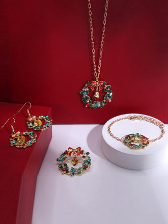 Christmas Wreath Colored Rhinestoned Jewelry Set - vintage fashion, retro style, elegant red