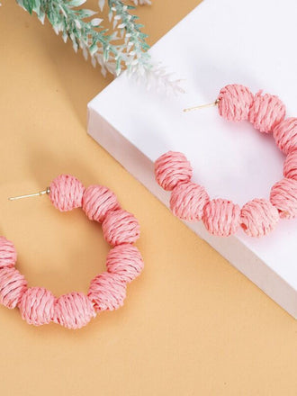 Chunky Braided Raffia Ball C-Hoop Earrings - vintage fashion, retro style