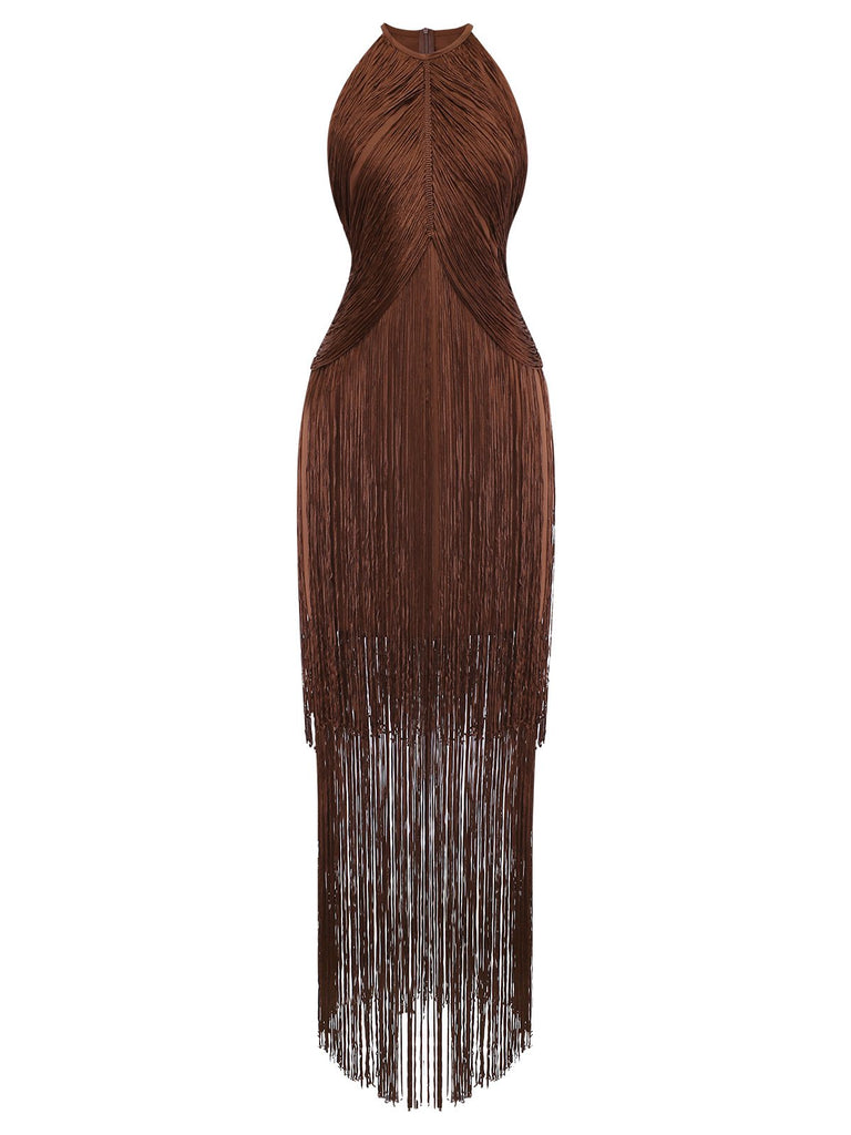Coffee 1920s Solid Fringe Halter Sleeveless Dress - vintage dress, retro fashion, Gatsby party