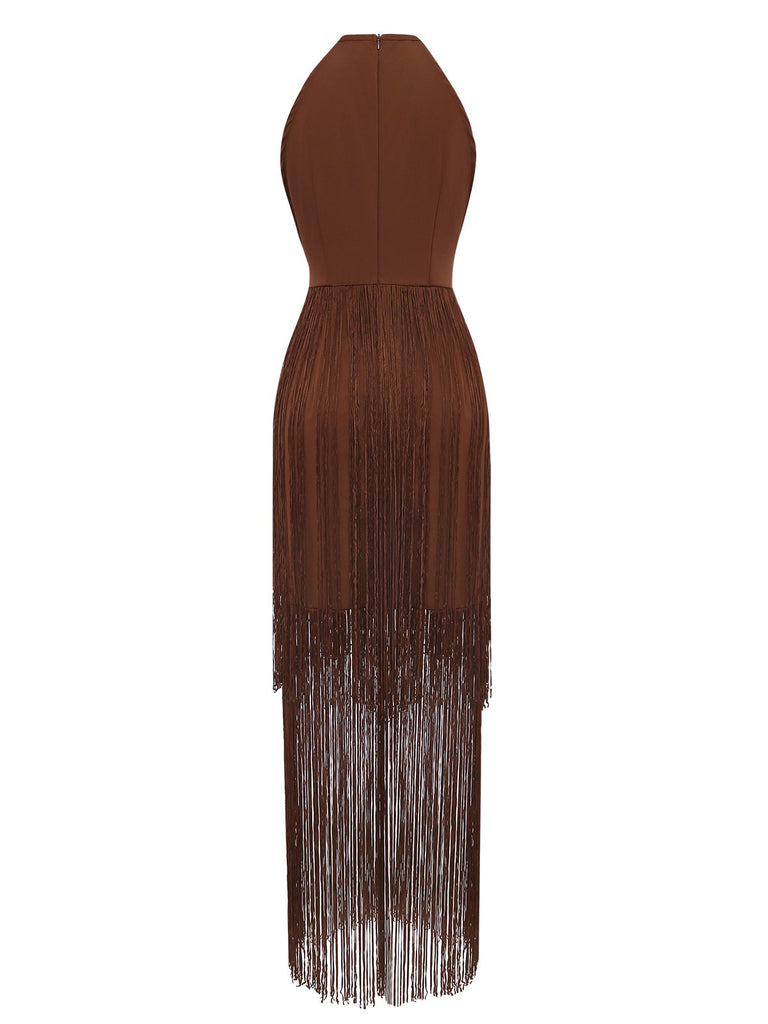 Coffee 1920s Solid Fringe Halter Sleeveless Dress - vintage dress, retro fashion, Gatsby party