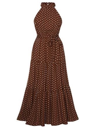Coffee 1940s Crew Halter Polka Dot Dress, vintage dress, retro fashion - perfect for women who love vintage and retro fashion