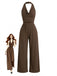 Coffee 1950s Solid Ribbed Cowl Neck Halter Backless Jumpsuit - vintage romper, retro jumpsuit for vintage lovers