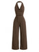 Coffee 1950s Solid Ribbed Cowl Neck Halter Backless Jumpsuit - vintage romper, retro jumpsuit for vintage lovers