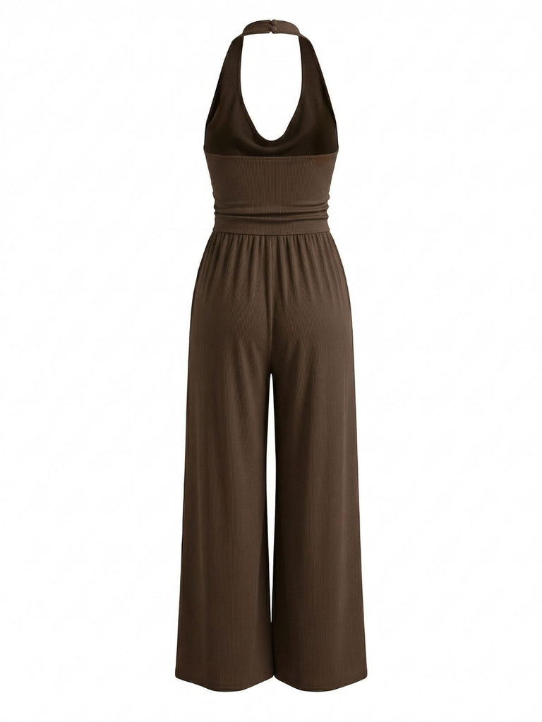 Coffee 1950s Solid Ribbed Cowl Neck Halter Backless Jumpsuit - vintage romper, retro jumpsuit for vintage lovers