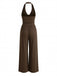 Coffee 1950s Solid Ribbed Cowl Neck Halter Backless Jumpsuit - vintage romper, retro jumpsuit for vintage lovers