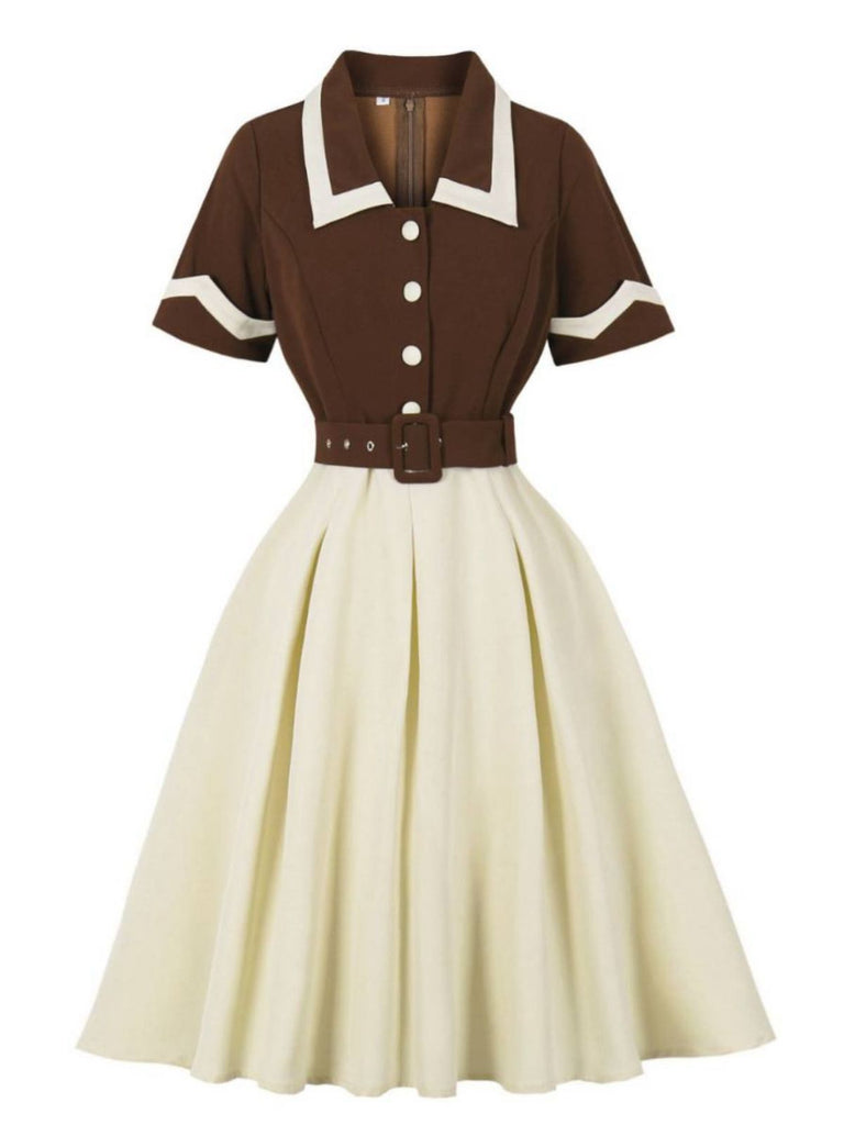 Coffee & Beige 1950s Contrast Lapel Belted Dress - vintage dress, retro fashion, rockabilly