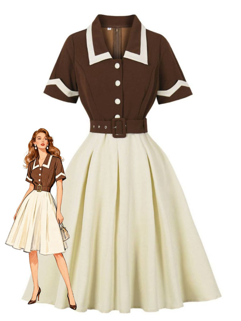 Coffee & Beige 1950s Contrast Lapel Belted Dress - vintage dress, retro fashion, rockabilly