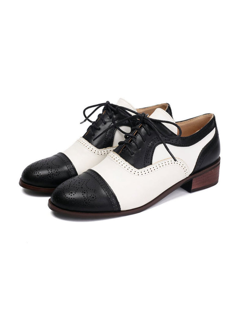 She finds her vintage story in this Colorblock Leather Round Toe Strappy Oxford Shoes