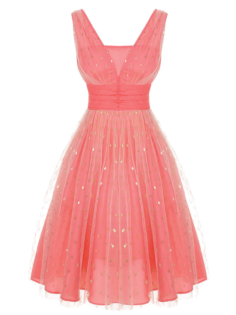Coral Pink 1950s V-Neck Sequin Dress, vintage dress, retro fashion, rockabilly, pin-up fashion - perfect for women who love vintage and retro fashion