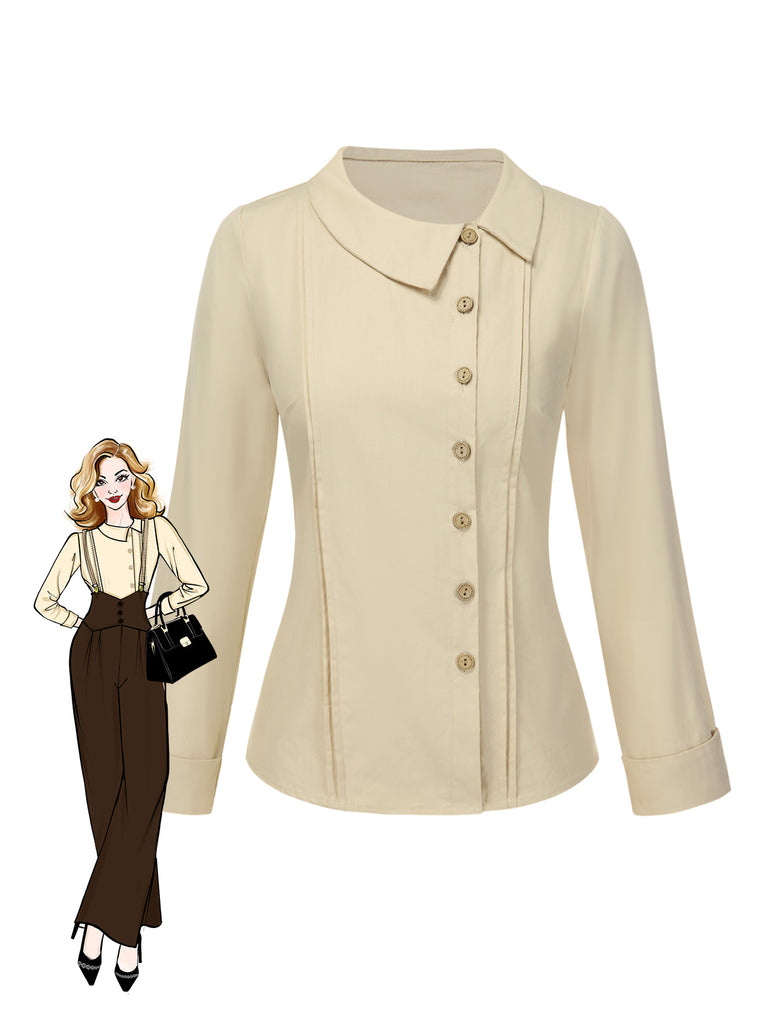 Cream 1930s Cotton Buttons Solid Blouse - vintage fashion, retro style