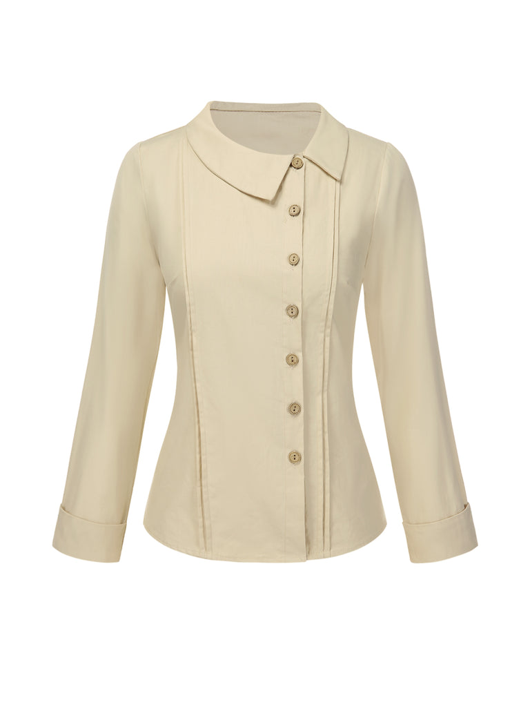Cream 1930s Cotton Buttons Solid Blouse - vintage fashion, retro style
