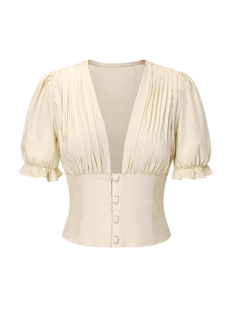 Cream 1940s Cotton Deep V-Neck Ruched Top - vintage fashion, retro style